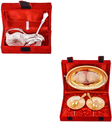 

G S Museum Mini Duck Tray with Spoon and Silver & Gold Plated 2 Heavy Dil Bowl with Spoon and Tray Bowl Spoon Tray Serving Set