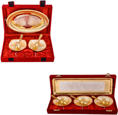 

G S Museum Silver & Gold Plated 2 Heavy Square Bowl with Spoon and Tray and Silver & Gold Plated 3 Heavy Dil Bowl with Spoon and Tray Bowl Spoon Tray Serving Set