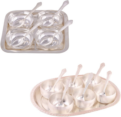 

G S Museum 4 Square Bowl with Spoon and Tray and 3.5" Met 6 Finish Bowl Set with Oval Tray Bowl Spoon Tray Serving Set