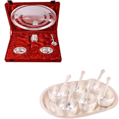 

G S Museum Small Thali Set and 3.5" Met 6 Finish Bowl Set with Oval Tray Bowl Spoon Tray Serving Set(Pack of 12)