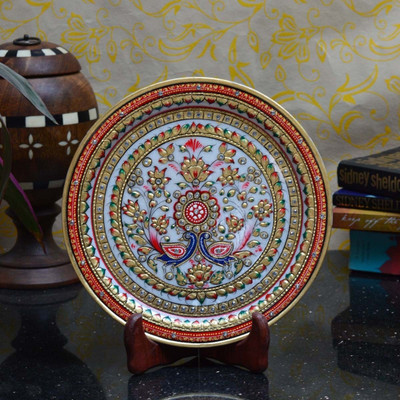 eCraftIndia Stoneware Decorative Platter(Gold, Red, Pack of 2)