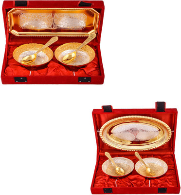 

G S Museum Silver & Gold Plated 2 Mini Flower Bowl with Spoon and Tray and Silver & Gold Plated 2 Heavy Flower Bowl with Spoon and Tray Bowl Spoon Tray Serving Set