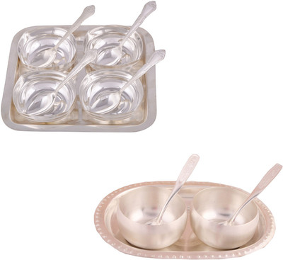 

G S Museum 4 Square Bowl with Spoon and Tray and 3" Met Finish 2 Bowl Set with Oval Tray Bowl Spoon Tray Serving Set