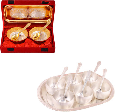 

G S Museum Silver & Gold Plated 2 Mini Flower Bowl with Spoon and Tray and 3.5" Met 6 Finish Bowl Set with Oval Tray Bowl Spoon Tray Serving Set