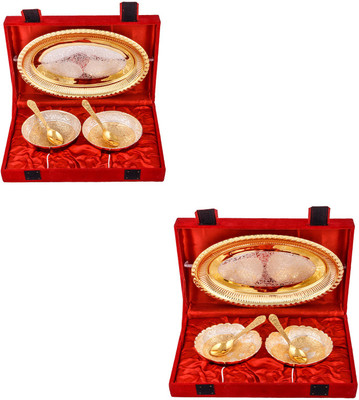 

G S Museum Silver & Gold Plated 2 Heavy Flower Bowl with Spoon and Tray and Silver & Gold Plated 2 Heavy Dil Bowl with Spoon and Tray Bowl Spoon Tray Serving Set