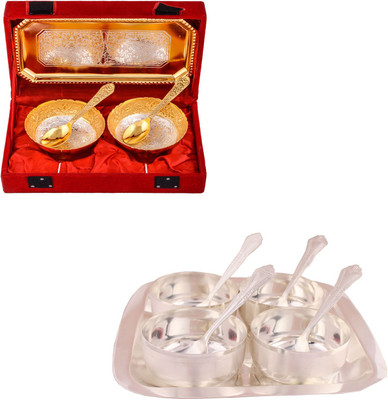 

G S Museum Silver & Gold Plated 2 Mini Flower Bowl with Spoon and Tray and Premium 4 Bowl Set with Rectangle Tray Bowl Spoon Tray Serving Set