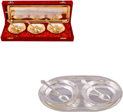 

G S Museum Silver & Gold Plated 3 Heavy Square Bowl with Spoon and Tray and 2 6" Bowl with Spoon and Tray Bowl Spoon Tray Serving Set(Pack of 12)