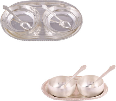 

G S Museum 2 6" Bowl with Spoon and Tray and 3.5" Met Finish 2 Bowl Set with Oval Tray Bowl Spoon Tray Serving Set