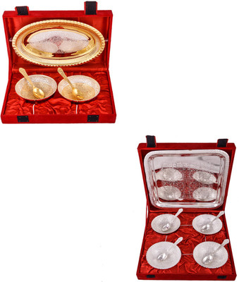 

G S Museum Silver & Gold Plated 2 Heavy Flower Bowl with Spoon and Tray and 4 Mor Bowl with Spoon and Tray Bowl Spoon Tray Serving Set
