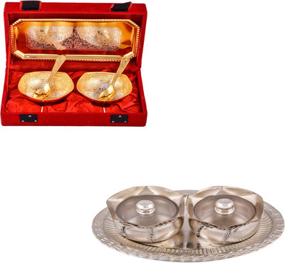 

G S Museum Silver & Gold Plated 2 Mini Square Bowl with Spoon and Tray and 2 Small Tai Loti Set Bowl Spoon Tray Serving Set