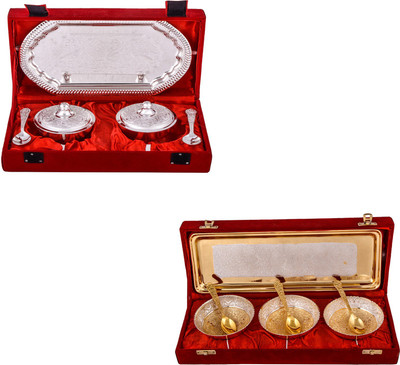 

G S Museum Supari Set with Spoon and Silver & Gold Plated 3 Heavy Flower Bowl with Spoon and Tray Bowl Spoon Tray Serving Set