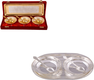 

G S Museum Silver & Gold Plated 3 Heavy Dil Bowl with Spoon and Tray and 2 6" Bowl with Spoon and Tray Bowl Spoon Tray Serving Set(Pack of 12)