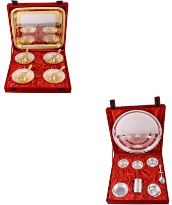 

G S Museum Silver & Gold Plated 4 Heavy Flower Bowl with Spoon and Tray and Big Thali Set Bowl Spoon Tray Serving Set(Pack of 17)