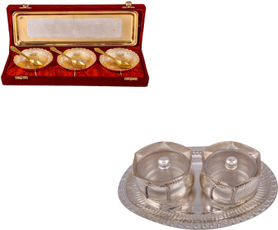 

G S Museum Silver & Gold Plated 3 Heavy Dil Bowl with Spoon and Tray and 2 Big Tai Loti Set Bowl Spoon Tray Serving Set(Pack of 10)