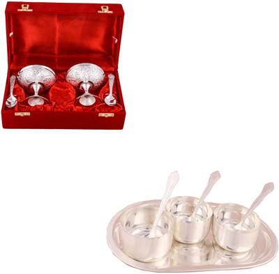 

G S Museum 2 Ice Cream Mug with Spoon and 3 Premium Bowl Set with Oval Tray Bowl Spoon Tray Serving Set