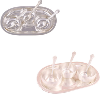 

G S Museum 3 Square Bowl with Spoon and Tray and 3.5" Met Finish 3 Bowl Set with Oval Tray Bowl Spoon Tray Serving Set