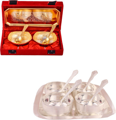 

G S Museum Silver & Gold Plated 2 Mini Square Bowl with Spoon and Tray and Premium 4 Bowl Set with Rectangle Tray Bowl Spoon Tray Serving Set
