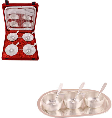 

G S Museum 4 Mor Bowl with Spoon and Tray and 3" Met Finish 3 Bowl Set with Oval Tray Bowl Spoon Tray Serving Set(Pack of 16)