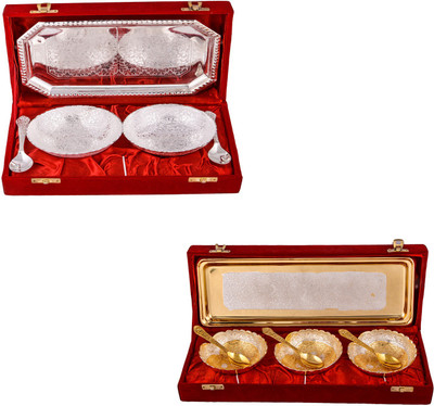 

G S Museum 2 Mor Bowl with Spoon and Tray and Silver & Gold Plated 3 Heavy Dil Bowl with Spoon and Tray Bowl Spoon Tray Serving Set