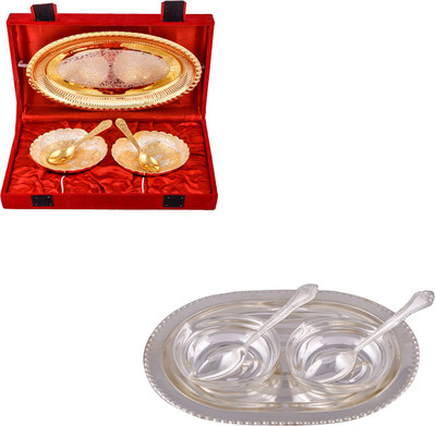 

G S Museum Silver & Gold Plated 2 Heavy Dil Bowl with Spoon and Tray and 2 Square Bowl with Spoon and Tray Bowl Spoon Tray Serving Set