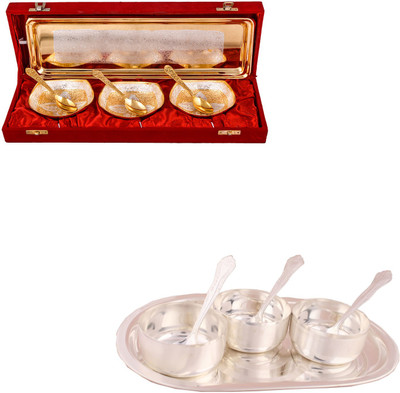 

G S Museum Silver & Gold Plated 3 Heavy Square Bowl with Spoon and Tray and 3 Premium Bowl Set with Oval Tray Bowl Spoon Tray Serving Set(Pack of 14)