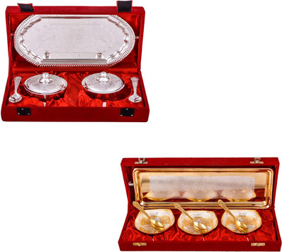

G S Museum Supari Set with Spoon and Silver & Gold Plated 3 Heavy Square Bowl with Spoon and Tray Bowl Spoon Tray Serving Set