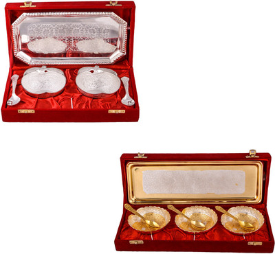 

G S Museum 2 Appel Bowl With Spoon and Tray and Silver & Gold Plated 3 Heavy Dil Bowl with Spoon and Tray Bowl Spoon Tray Serving Set