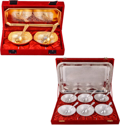 

G S Museum Silver & Gold Plated 2 Mini Square Bowl with Spoon and Tray and 6 Mor Bowl with Spoon and Tray Bowl Spoon Tray Serving Set