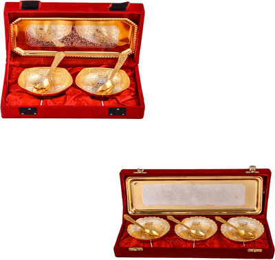 

G S Museum Silver & Gold Plated 2 Mini Square Bowl with Spoon and Tray and Silver & Gold Plated 3 Heavy Dil Bowl with Spoon and Tray Bowl Spoon Tray Serving Set
