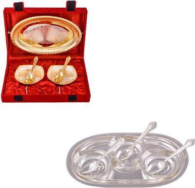 

G S Museum Silver & Gold Plated 2 Heavy Square Bowl with Spoon and Tray and 3 Square Bowl with Spoon and Tray Bowl Spoon Tray Serving Set