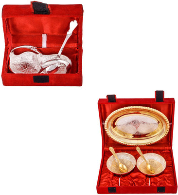 

G S Museum Mini Duck Tray with Spoon and Silver & Gold Plated 2 Heavy Flower Bowl with Spoon and Tray Bowl Spoon Tray Serving Set