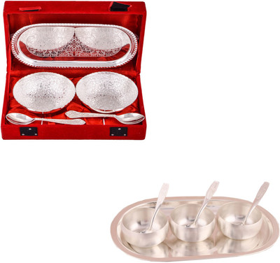 

G S Museum 2 Flower Bowl with Spoon and Tray and 3" Met Finish 3 Bowl Set with Oval Tray Bowl Spoon Tray Serving Set