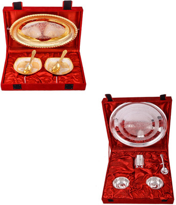 

G S Museum Silver & Gold Plated 2 Heavy Square Bowl with Spoon and Tray and Small Thali Set Bowl Spoon Tray Serving Set
