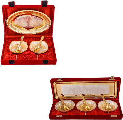 

G S Museum Silver & Gold Plated 2 Heavy Square Bowl with Spoon and Tray and Silver & Gold Plated 3 Heavy Flower Bowl with Spoon and Tray Bowl Spoon Tray Serving Set