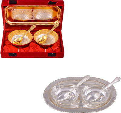 

G S Museum Silver & Gold Plated 2 Mini Flower Bowl with Spoon and Tray and 2 Square Bowl with Spoon and Tray Bowl Spoon Tray Serving Set