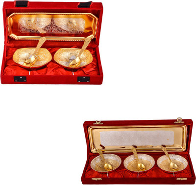 

G S Museum Silver & Gold Plated 2 Mini Square Bowl with Spoon and Tray and Silver & Gold Plated 3 Heavy Flower Bowl with Spoon and Tray Bowl Spoon Tray Serving Set