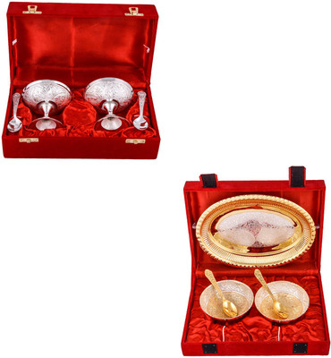 

G S Museum 2 Ice Cream Mug with Spoon and Silver & Gold Plated 2 Heavy Flower Bowl with Spoon and Tray Bowl Spoon Tray Serving Set