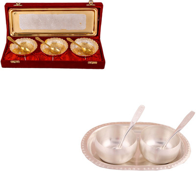 

G S Museum Silver & Gold Plated 3 Heavy Dil Bowl with Spoon and Tray and 3" Met Finish 2 Bowl Set with Oval Tray Bowl Spoon Tray Serving Set(Pack of 12)