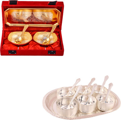 

G S Museum Silver & Gold Plated 2 Mini Square Bowl with Spoon and Tray and Premium 6 Bowl Set with Oval Tray Bowl Spoon Tray Serving Set