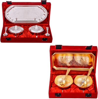 

G S Museum Supari Set with Spoon and Silver & Gold Plated 2 Mini Square Bowl with Spoon and Tray Bowl Spoon Tray Serving Set