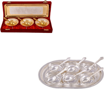 

G S Museum Silver & Gold Plated 3 Heavy Dil Bowl with Spoon and Tray and 6 Square Bowl with Spoon and Tray Bowl Spoon Tray Serving Set(Pack of 20)