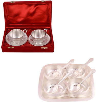 

G S Museum 2 Cup Plate Set and 3.5" Met Finish 4 Bowl Set with Rectangle Tray Bowl Spoon Tray Serving Set(Pack of 13)