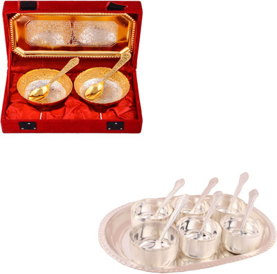 

G S Museum Silver & Gold Plated 2 Mini Flower Bowl with Spoon and Tray and Premium 6 Bowl Set with Oval Tray Bowl Spoon Tray Serving Set