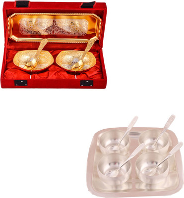 

G S Museum Silver & Gold Plated 2 Mini Square Bowl with Spoon and Tray and 3" Met Finish 4 Bowl Set with Rectangle Tray Bowl Spoon Tray Serving Set