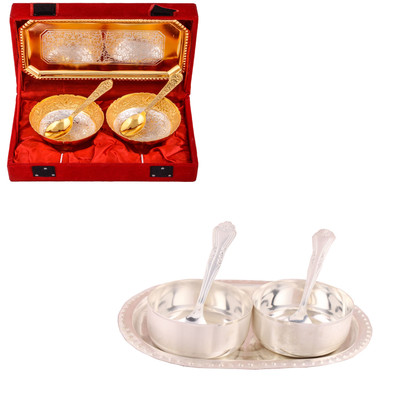

G S Museum Silver & Gold Plated 2 Mini Flower Bowl with Spoon and Tray and Premium 2 Bowl Set with Oval Tray Bowl Spoon Tray Serving Set
