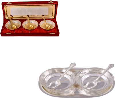 

G S Museum Silver & Gold Plated 3 Heavy Flower Bowl with Spoon and Tray and 2 5" Bowl with Spoon and Tray Bowl Spoon Tray Serving Set(Pack of 12)