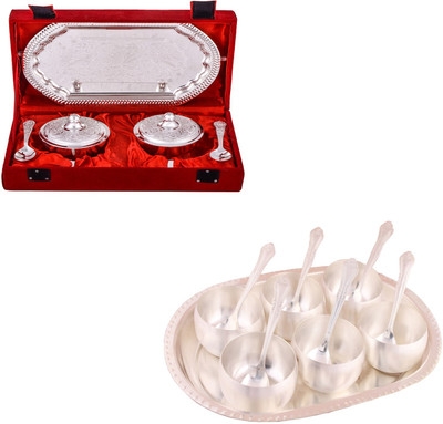 

G S Museum Supari Set with Spoon and 3.5" Met 6 Finish Bowl Set with Oval Tray Bowl Spoon Tray Serving Set