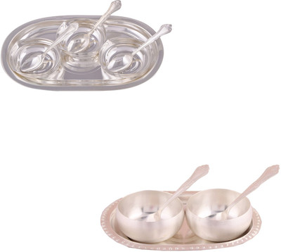 

G S Museum 3 Square Bowl with Spoon and Tray and 3.5" Met Finish 2 Bowl Set with Oval Tray Bowl Spoon Tray Serving Set