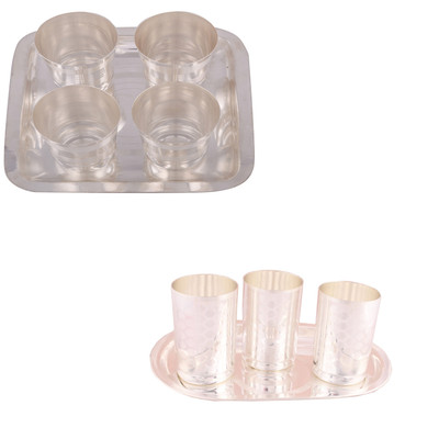 

G S Museum 4 Mayuri Glass with Tray and 3 Premium Doted Glass Set with Oval Tray Glass Tray Serving Set