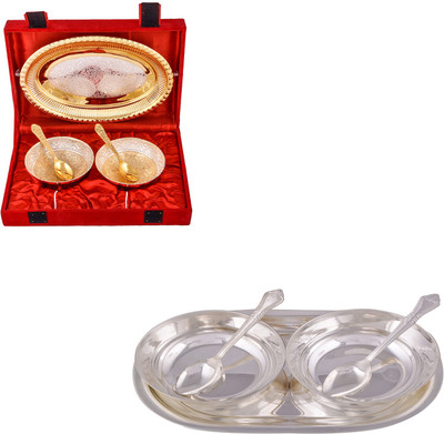 

G S Museum Silver & Gold Plated 2 Heavy Flower Bowl with Spoon and Tray and 2 5" Bowl with Spoon and Tray Bowl Spoon Tray Serving Set